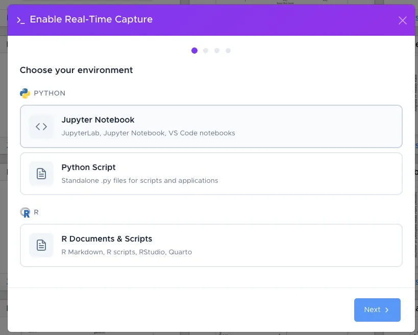 Choose your environment - Jupyter Notebook, Python Script, or R Documents & Scripts