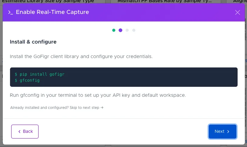 Install and configure step showing pip install and gfconfig commands