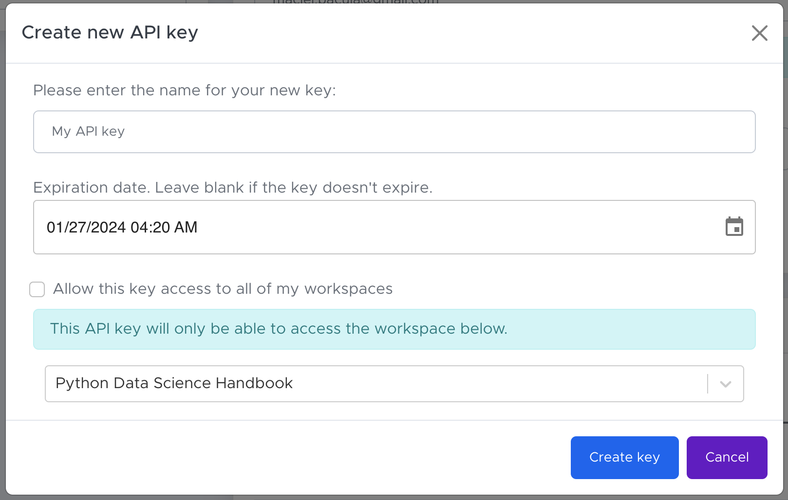 Creating an API key with an expiration date and workspace scope