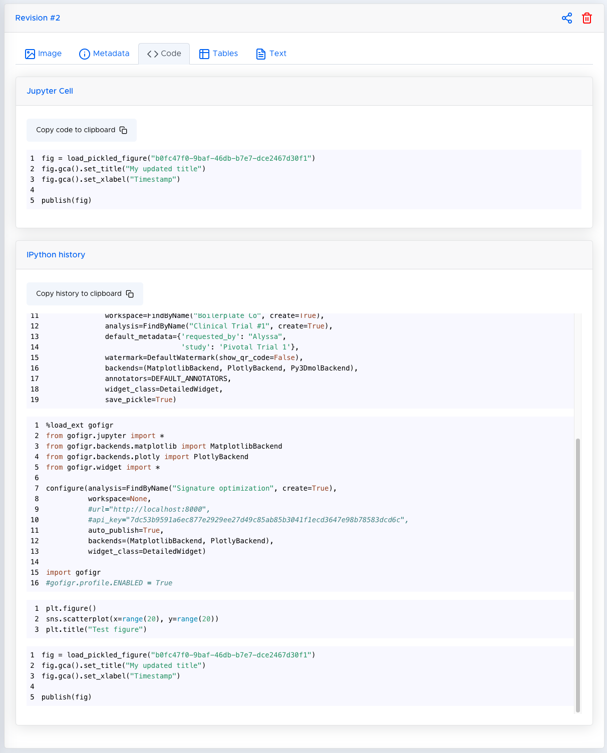 Captured Jupyter execution history under the Code tab